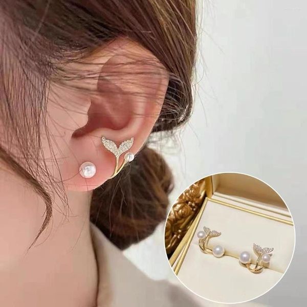 Boucles d'Oreilles Tige Perle d'Eau Douce Blanche S925 Queue de Poisson