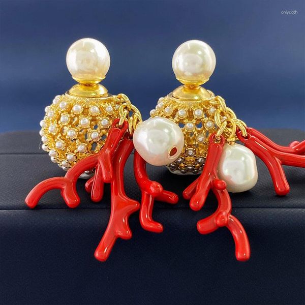 Boucles D'oreilles Clous Perle Blanche Double Perle Ronde Corail Rouge Plaqué Or Vintage Pour Femme