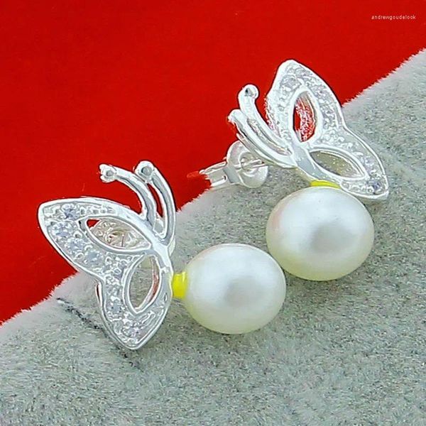 Pendientes de tuerca de marca al por mayor, Plata de Ley 925, Animal, mariposa, perla con circonita transparente para mujer, regalo de joyería de lujo