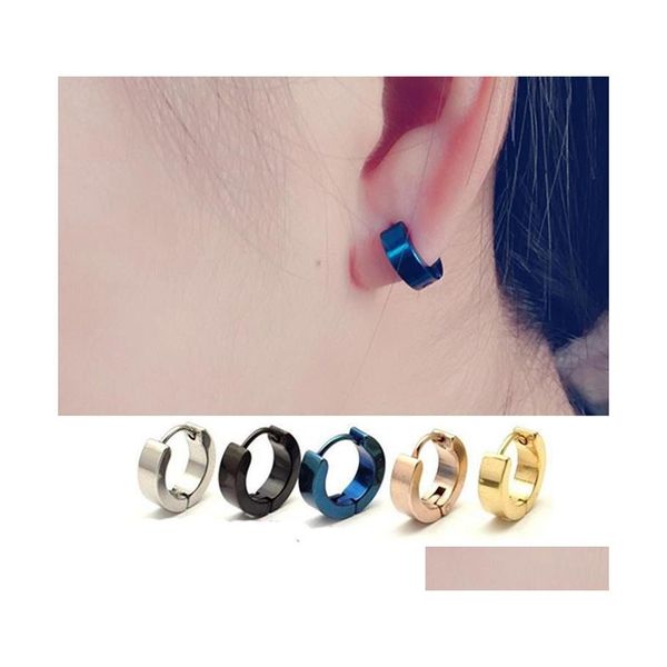 Boucles d'oreilles en gros pour hommes Cool en acier inoxydable boucles d'oreilles cerceau noir bleu argent canal en or livraison directe bijoux Dhhtq