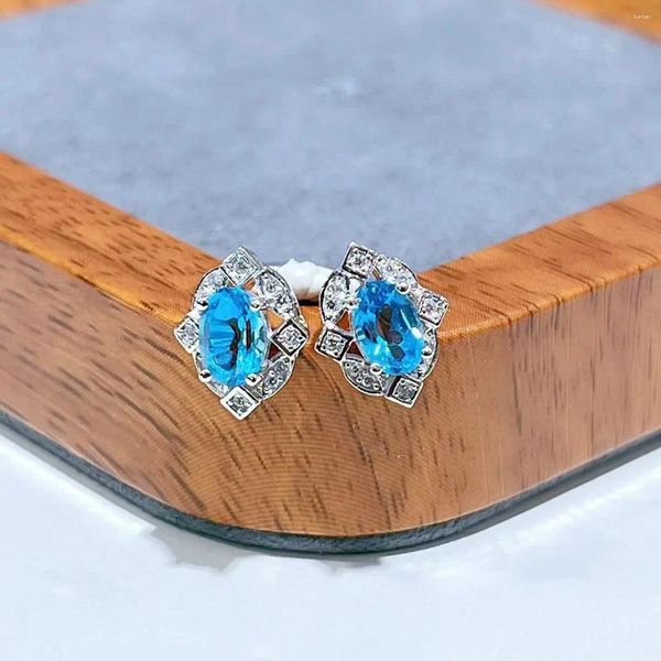Boucles d'oreilles avec une pierre précieuse de topaze bleu naturel naturel 6 Bijoux en argent 8 mm S925 pour femme