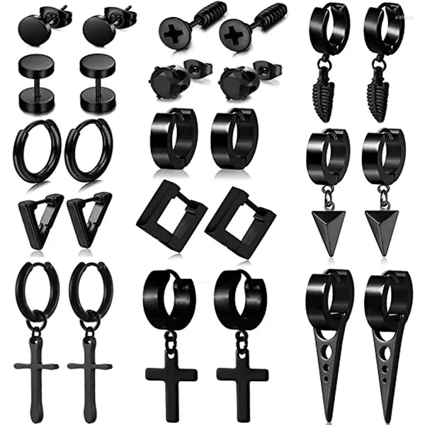Pendientes WKOUD 13 pares de aretes de anillo de acero inoxidable negro conjunto de joyería para hombres y mujeres Piercing de oreja Huggie