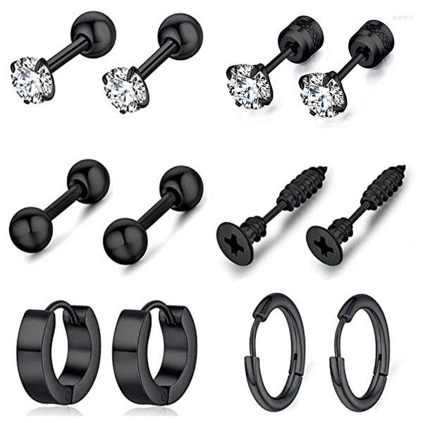 Boucles d'oreilles WKOUD 6 paires/1 paires rondes Zircon noir Cool acier inoxydable cerceau hypoallergénique ensemble de boucles d'oreilles hommes femmes