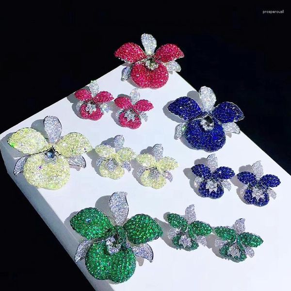 Pendientes cortos Mujer Plata de ley 925 Color elegante Rojo Azul Amarillo Verde Flor Pendiente Joyas Boda Pedida