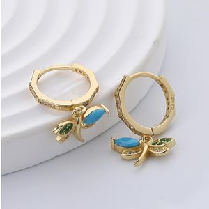 Boucles d'Oreilles Femme S925 Argent Pur Champagne Or Libellule Bleu Turquoise Zircon Hexagonal Bijoux Fantaisie