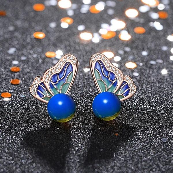 Pendientes de tuerca para mujer, simétricos, redondos, mariposa, azul, accesorios esmaltados para banquete, delicados y frescos