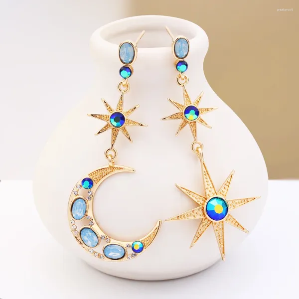 Boucles d'oreilles femmes étoile couleur or lune asymétrique avec Zircon bleu cadeau Surprise romantique pour petite amie