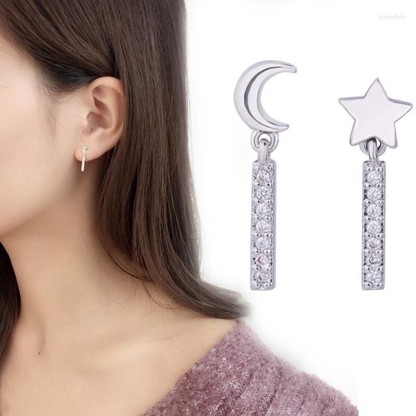 Pendientes de tuerca para mujer, pendientes asimétricos de circonia cúbica, pendientes pequeños de media luna, delicados, de moda, Luna, estrella, palo, regalo de joyería para niñas