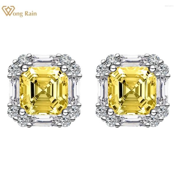 Pendientes de tuerca Wong Rain Plata de ley 925 Corte Asscher 7 7 MM Citrino Piedra preciosa de diamante con alto contenido de carbono Pendientes chapados en oro de 18 quilates Joyería fina