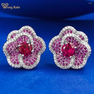 Boucles d'oreilles Wong Rain Luxury 925 Sterling Silver Flower Round Round 5 mm Ruby High Carbone Diamond Gemstone Gem Stone Overts For Women Jewelry