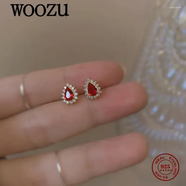Boucles d'oreilles WOOZU 14k plaqué or 925 argent sterling luxe rubis zircon pour les femmes fête coréenne adolescente petite amie bijoux cadeau