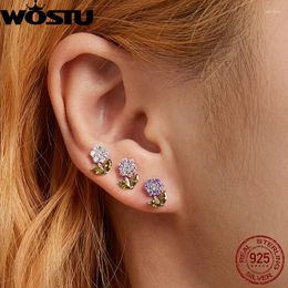 Boucles d'oreilles étalon wostu fleur argent 925 pour les femmes brillantes multiples blanc rose zircon oreilles poteaux de fiançailles de mariage féminin