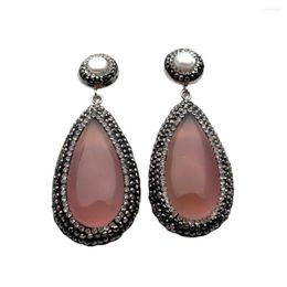 Boucles d'oreilles à tige Y.YING en forme de goutte d'agate rose véritable pendantes en cristal noir avec perle pavée