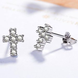 Pendientes de tuerca Yanleyu Plata de ley S925 Diamante completo simple con incrustaciones de circón Cruz Fe Joyería pequeña para mujer Regalo