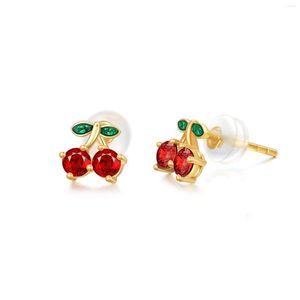 Stud Oorbellen YFN 14K Real Gold Cherry Voor Vrouwen Meisje Geel Rood Granaat Groen Blad Jewerly