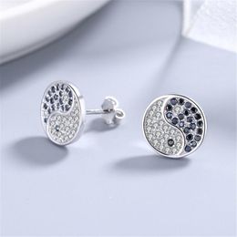 Stud -oorbellen Ying Yang Silver Sterling 925 met diamant voor vrouwen en meisjes schattige trendy tai chi ronde oor yin