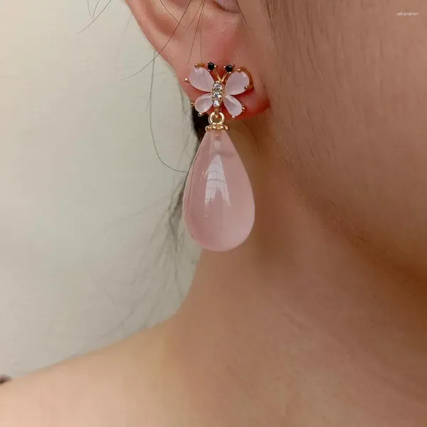 Boucles d'oreilles Stud Yygem 15x25 mm Natural Rose Quartz Forme en larmes Butterfly pour femmes bijoux en pierre de pierre précieuse