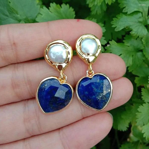 Boucles d'oreilles YYGEM perle d'eau douce blanche de culture 16mm bleu Lapis en forme de coeur goutte mode bijoux en pierre naturelle