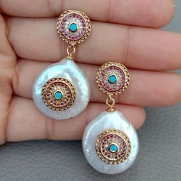 Boucles d'oreilles YYGEM Style de luxe pièce blanche naturelle perle d'eau douce couleur or zircon cubique Mirco pavé bijoux faits à la main