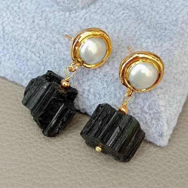 Boucles d'oreilles YYGEM Tourmaline noire naturelle pépite brute perle d'eau douce blanche pavé d'or rempli pour les femmes Style ethnique fête