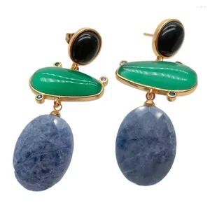 Boucles d'oreilles YYGEM Naturel Vert Agate Bleu Ovale Sodalite Onyx Pave Or Rempli À La Main Classique Pour Les Femmes