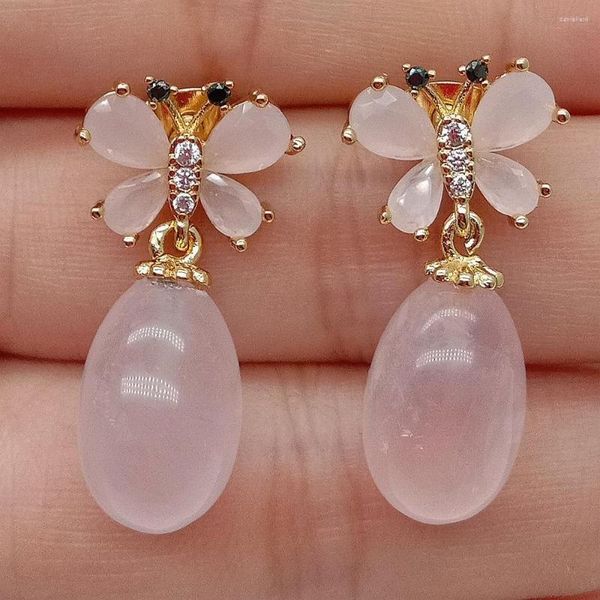 Boucles d'oreilles YYGEM Naturel Larme Oeuf Rose Quartz Rose Cristal Papillon Or Rempli Mignon Style Pour Fille Femmes