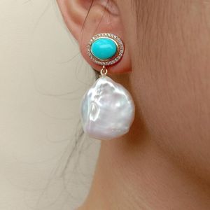 Boucles d'oreilles à tige YYGEM Style de bureau 19x21mm culture d'eau douce blanc Keshi perle forme de pièce bleu Turquoise Cz pavé Dangle