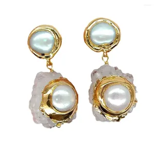 Boucles d'oreilles YYGEM Quartz blanc brut Druzy naturel culture de perles d'eau douce grappe or rempli pour les femmes