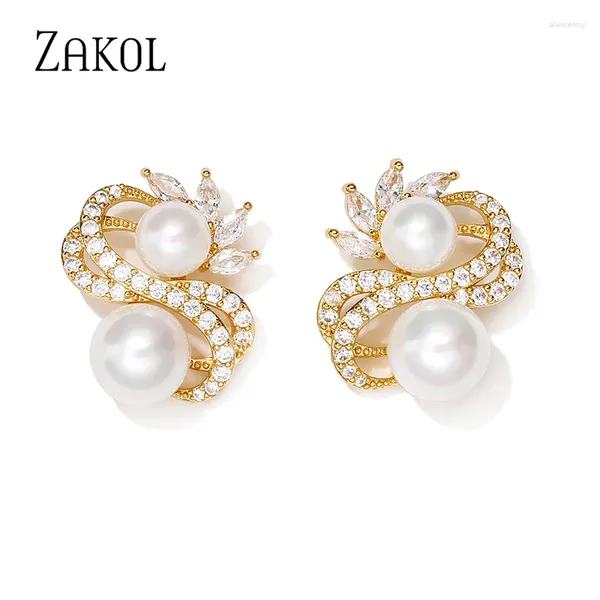 Pendientes ZAKOL Exquisito Circón de Doble Fila para Mujer Pendientes de Perlas de Imitación Redondas de Moda Joyería para Fiesta y Boda Nupcial