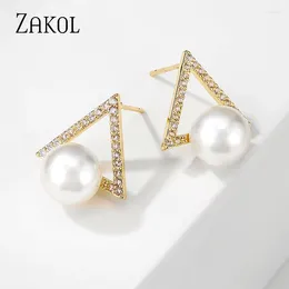 Boucles d'oreilles Stud Zakol Korean Fashion Triangle Design Micro-Inlaid Cumbic Zirconia Pearl Gift Cute Christmas For Women Ep2870