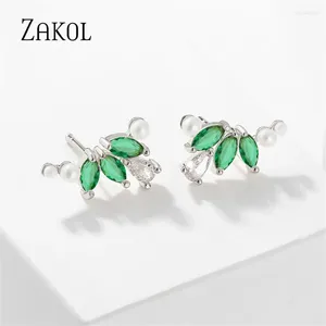 Boucles d'oreilles ZAKOL Style coréen mignon feuille de Zircon vert pour femmes filles mode perles étudiants accessoires de fête