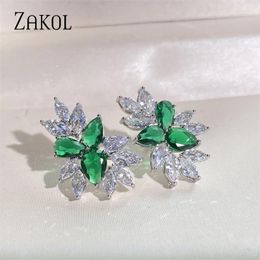 Stud Oorbellen ZAKOL Luxe Groene Zirkonia Blad Geel Kristal Zirkoon Oorbel Partij Sieraden Voor Vrouwen