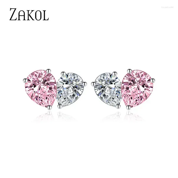 Boucles d'oreilles Stud Zakol Shinny Cubic Zirconia Pink Love Heart For Women Trendy Water Drop Crystal Oreing Mode Wedding Bijoux