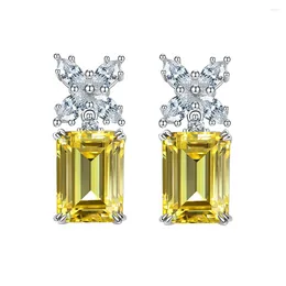 Boucles d'oreilles Zhenchengda Rectangular Car Plat 7 9 mm Diamond jaune pour les femmes 925 argent sterling