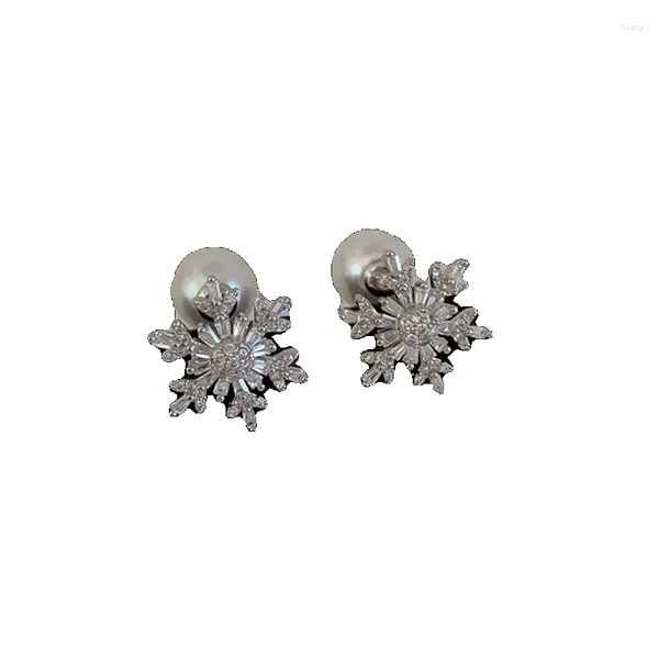 Aretes Circón Forma De Copo De Nieve Perla Plata 925 Aguja Con Estilo Retro Elegante En La Parte Delantera Y Trasera