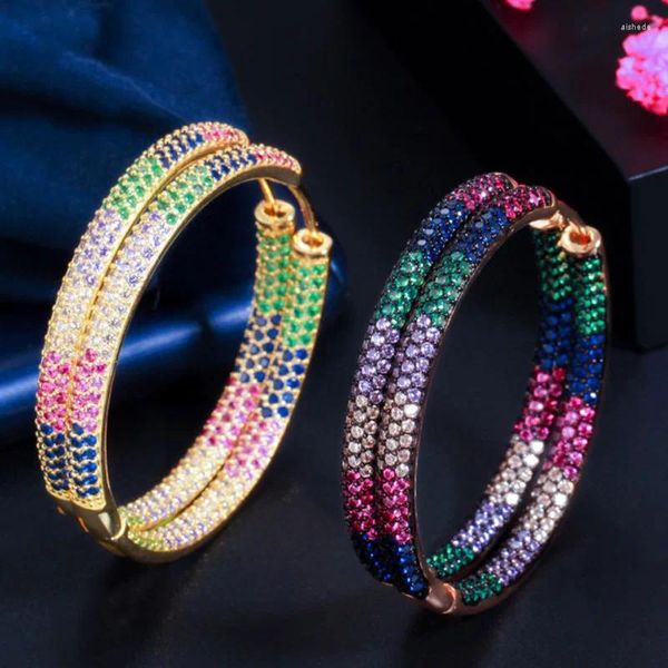 Pendientes Zlxgirl de alta calidad, dos coloridos circonitas cúbicas, aro redondo para mujer, joyería Birdal, Pendientes de Hip Hop