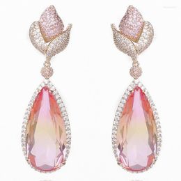 Boucles d'oreilles Zlxgirl Bijoux Marque Goutte D'eau Forme Cubique Zircon Rose Fleur De Mariage Earrins Fashon Femmes Or Brincos Boucles D'oreilles