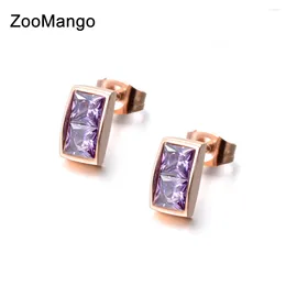 Pendientes de semental Zoomango Zirconia Light Purple White Crystal Joyería de acero inoxidable para mujeres Dílame CZ ZE18044