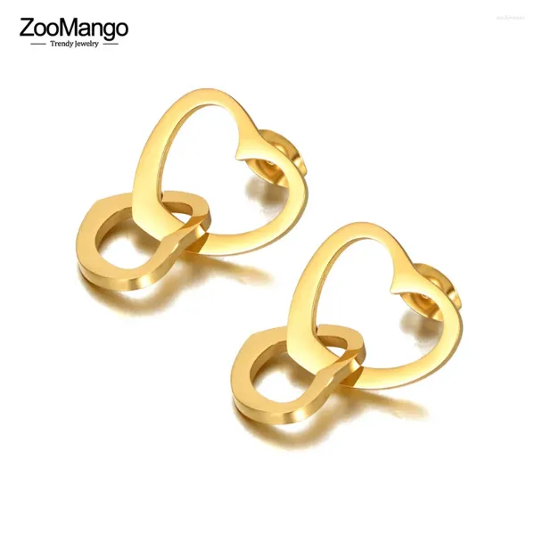 Boucles d'oreilles zoomango titane romantique en acier inoxydable double coeur pour les femmes bijoux de fête de mariage à la mode ze21010