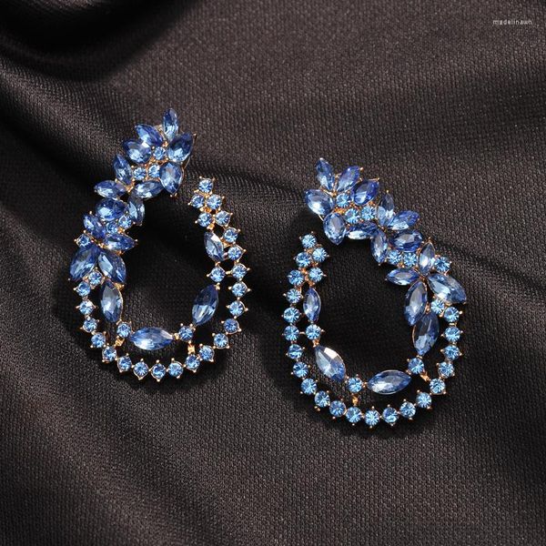 Pendientes Ztech de lujo de cristal azul/diamantes de imitación, óvalo grande para mujeres y niñas, joyería para fiesta de boda, venta al por mayor