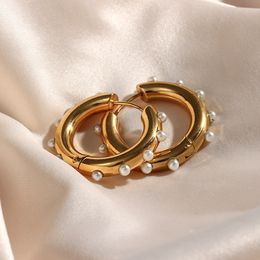 Boucles d'oreilles créoles épaisses sans ternissement élégantes avec petite perle délicate en acier inoxydable plaqué or pour les femmes 230215