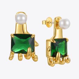 Stud ENFASHION groene steen oorbellen voor vrouwen Gouden Hand van de kleur Piercing oorbellen 2021 Gift Pearl Pendientes mode-sieraden E1270