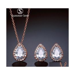 Stud est aankomst bruiloft sieraden set traan 3a kubieke zirconia oorbellen standaard 925 sterling sier hanger ketting voor vrouwenliefhebber dho3h