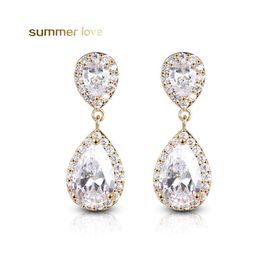 Étalon est gold plaqué 3a cubic zirconia waterdrop bouth boucle d'oreille pour les femmes élégant cuivre incrusté CZ cadeau des mariées