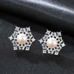 Stud européen nouveau zircon flocon de neige perle bijoux charme boucles d'oreilles de haute qualité pour les femmes fête de mariage saint valentin cadeau de noël SPC