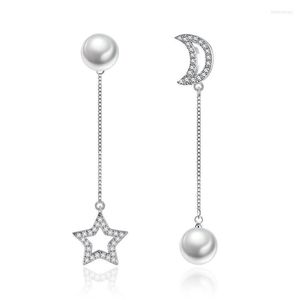 Stud Fashion 925 Sterling Silver Sieraden oorbellen voor vrouwen glanzende zirkoon asymmetrie ster Moon Pearl earring vrouwelijk feest geschenken stud mill2222