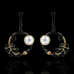 Stud Fashion Black Gold Creux Perles d'eau douce incrustées à la main Forêt Fleurs Bague Boucles d'oreilles pour femmes Boutique Bijoux