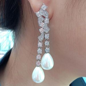 Boucles d'oreilles à la mode en forme de larme de mer blanche, vente de perles en zircone cubique, micro pavé de couleur or blanc, boucles d'oreilles plaquées, style de bureau