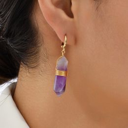 Boucles d'oreilles pendantes en forme de fil fait à la main pour femmes, boucles d'oreilles hexagonales en pierre naturelle violette pour femmes