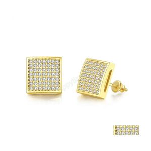 Stud Fashion Hip Hop -oorbellen voor mannen Gold Sier Iced CZ Square Stud Earring met schroef terug sieraden Drop levering DHQGM